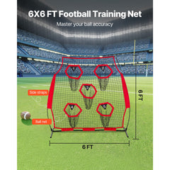 1828.8x1828.8mm Football Trainer Throwing Net, Training Throwing Target Practice Net with 5 Target Pockets, Knotless Net Includes Straps and Portable Carry Case, Improve QB Throwing Accuracy,Red