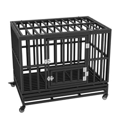Heavy Duty Dog Crate 38 in Metal Dog Kennel with Wheels and Removable Tray