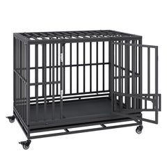 47 Inch Heavy Duty Dog Crate, Indestructible Dog Crate, 3-Door Heavy Duty Dog Kennel for Medium to Large Dogs with Lockable Wheels and Removable Tray, High Anxiety Dog Crate for Indoor & Outdoor