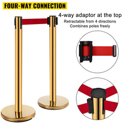 Stanchion Post Barriers 6-Set Line Dividers, Stainless Steel Stanchions with 6.6 Red Retractable Belts, Stanchions with One Sign Frame, 34.6 Queue Safety Stanchions (Gold)