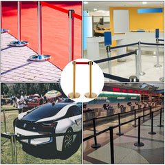 Stanchion Post Barriers 6-Set Line Dividers, Stainless Steel Stanchions with 6.6 Red Retractable Belts, Stanchions with One Sign Frame, 34.6 Queue Safety Stanchions (Gold)