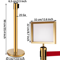 Stanchion Post Barriers 6-Set Line Dividers, Stainless Steel Stanchions with 6.6 Red Retractable Belts, Stanchions with One Sign Frame, 34.6 Queue Safety Stanchions (Gold)