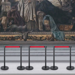 Crowd Control Stanchion, Set of 6 Pieces Stanchion Set, Stanchion Set with 6.6 ft/2 m Red Retractable Belt, Crowd Control Barrier with Rubber Base – Easy Connect Assembly for Crowd Control (Black)