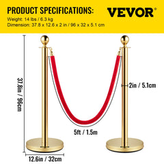 4PCS Gold Stanchion Posts Queue, 38 Inch Red Velvet Rope, Crowd Control Barriers Queue Line Rope, Barriers for Party Supplies