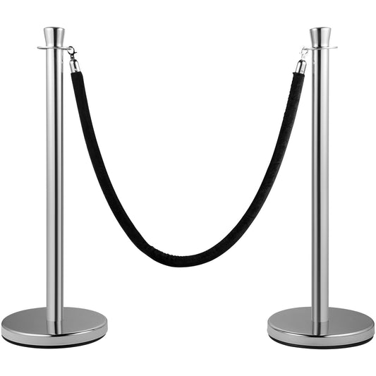 Crowd Control Stanchion, Set of 2 Pieces Stanchion Set, Stanchion Set with 5 ft/1.5 m Black Velvet Rope, Silver Crowd Control Barrier with Sturdy Concrete and Metal Base - Easy Connect Assembly