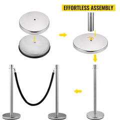 Crowd Control Stanchion, Set of 2 Pieces Stanchion Set, Stanchion Set with 5 ft/1.5 m Black Velvet Rope, Silver Crowd Control Barrier with Sturdy Concrete and Metal Base - Easy Connect Assembly