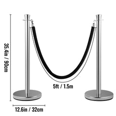 Crowd Control Stanchion, Set of 2 Pieces Stanchion Set, Stanchion Set with 5 ft/1.5 m Black Velvet Rope, Silver Crowd Control Barrier with Sturdy Concrete and Metal Base - Easy Connect Assembly
