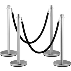 Crowd Control Stanchion, Set of 2 Pieces Stanchion Set, Stanchion Set with 5 ft/1.5 m Black Velvet Rope, Silver Crowd Control Barrier with Sturdy Concrete and Metal Base - Easy Connect Assembly
