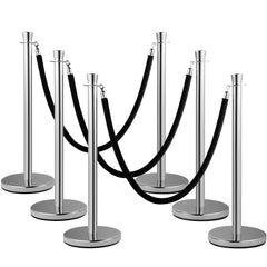 Crowd Control Stanchion, Set of 2 Pieces Stanchion Set, Stanchion Set with 5 ft/1.5 m Black Velvet Rope, Silver Crowd Control Barrier with Sturdy Concrete and Metal Base - Easy Connect Assembly