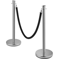 Crowd Control Stanchion, Set of 2 Pieces Stanchion Set, Stanchion Set with 5 ft/1.5 m Black Velvet Rope, Silver Crowd Control Barrier with Sturdy Concrete and Metal Base - Easy Connect Assembly
