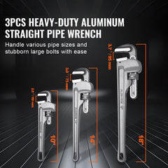 3-Piece Pipe Wrench Set, 10" 14" 18" Aluminum Straight Pipe Wrench, Adjustable Plumbing Wrench, with High Strength Jaw and Ergonomic Handle, Hangable Design, for Water Pipes, Automotive Repairs