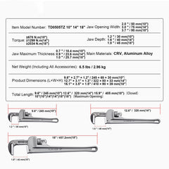 3-Piece Pipe Wrench Set, 10" 14" 18" Aluminum Straight Pipe Wrench, Adjustable Plumbing Wrench, with High Strength Jaw and Ergonomic Handle, Hangable Design, for Water Pipes, Automotive Repairs