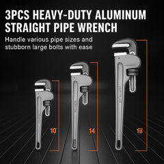 3-Piece Pipe Wrench Set, 10" 14" 18" Aluminum Straight Pipe Wrench, Adjustable Plumbing Wrench, with High Strength Jaw and Ergonomic Handle, Hangable Design, for Water Pipes, Automotive Repairs