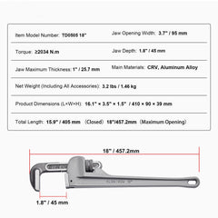 Pipe Wrench, 18" Aluminum Straight Pipe Wrench, Adjustable Plumbing Wrench, with High Strength Jaw and Ergonomic Handle, Easy to Carry, Hangable Design, for Water Pipes, Automotive Repairs