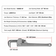 Pipe Wrench, 18" Aluminum Straight Pipe Wrench, Adjustable Plumbing Wrench, with High Strength Jaw and Ergonomic Handle, Easy to Carry, Hangable Design, for Water Pipes, Automotive Repairs