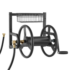 Wall Mounted Garden Hose Reel 125ft 5/8 in Metal Hose Reel with Basket