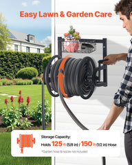 Wall Mounted Garden Hose Reel 125ft 5/8 in Metal Hose Reel with Basket