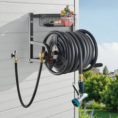 Wall Mounted Garden Hose Reel 125ft 5/8 in Metal Hose Reel with Basket