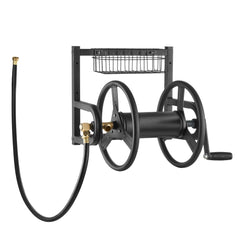 Wall Mounted Garden Hose Reel 125ft 5/8 in Metal Hose Reel with Basket