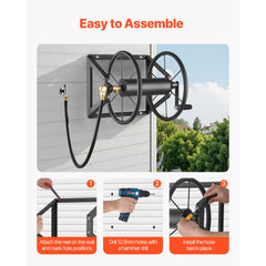 Wall Mounted Garden Hose Reel, Holds 200 ft 5/8-inch Manual Water Hose Winder, Heavy-Duty Steel, Outdoor Reel with Brass Fitting & 5ft Leader Hose, Space Saving, for Yard Lawn Garage