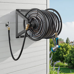 Wall Mounted Garden Hose Reel, Holds 200 ft 5/8-inch Manual Water Hose Winder, Heavy-Duty Steel, Outdoor Reel with Brass Fitting & 5ft Leader Hose, Space Saving, for Yard Lawn Garage