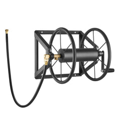 Wall Mounted Garden Hose Reel, Holds 200 ft 5/8-inch Manual Water Hose Winder, Heavy-Duty Steel, Outdoor Reel with Brass Fitting & 5ft Leader Hose, Space Saving, for Yard Lawn Garage