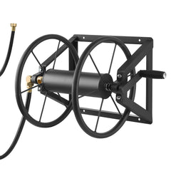 Wall Mounted Garden Hose Reel, Holds 200 ft 5/8-inch Manual Water Hose Winder, Heavy-Duty Steel, Outdoor Reel with Brass Fitting & 5ft Leader Hose, Space Saving, for Yard Lawn Garage