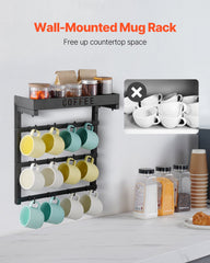 Coffee Mug Holder Wall Mounted w/ 12 Movable Hooks and Top Shelf Cup Rack