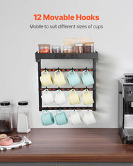 Coffee Mug Holder Wall Mounted w/ 12 Movable Hooks and Top Shelf Cup Rack