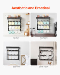 Coffee Mug Holder Wall Mounted w/ 12 Movable Hooks and Top Shelf Cup Rack