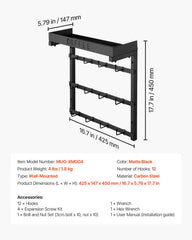Coffee Mug Holder Wall Mounted w/ 12 Movable Hooks and Top Shelf Cup Rack