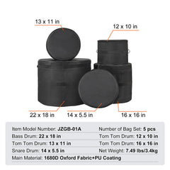 5-Piece Drum Bag Set, 1680D Oxford Fabric, Padded Drum Bags and Cases with 4.92 ft Detachable Shoulder Strap Carry Handles Foldable Design, for 55cm Kick 30cm Tom 33cm Tom 40cm Tom 35cm Snare