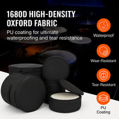5-Piece Drum Bag Set, 1680D Oxford Fabric, Padded Drum Bags and Cases with 4.92 ft Detachable Shoulder Strap Carry Handles Foldable Design, for 55cm Kick 30cm Tom 33cm Tom 40cm Tom 35cm Snare