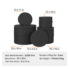 5-Piece Drum Bag Set, 1680D Oxford Fabric, Padded Drum Bags and Cases with 4.92 ft Detachable Shoulder Strap Carry Handles Foldable Design, for 55cm Kick 30cm Tom 33cm Tom 40cm Tom 35cm Snare