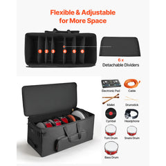 Electronic Drum Kit Bag, 600D, Padded Drum Bag with Wheels, Large 920 x 420 x 410 mm Interior, Lightweight Travel Case with Detachable Dividers, and Multiple Pockets, for Electric Drums, Black