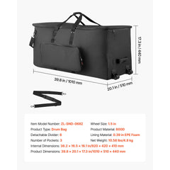 Electronic Drum Kit Bag, 600D, Padded Drum Bag with Wheels, Large 920 x 420 x 410 mm Interior, Lightweight Travel Case with Detachable Dividers, and Multiple Pockets, for Electric Drums, Black