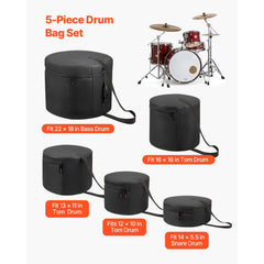 5-Piece Drum Case Set, 600D, Padded Drum Bags for Bass, Tom, and Snare, Thick Padding, Lightweight Protective Covers, Travel Storage Cases with Portable Handle, for Drums Accessories Protection