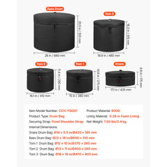 5-Piece Drum Case Set, 600D, Padded Drum Bags for Bass, Tom, and Snare, Thick Padding, Lightweight Protective Covers, Travel Storage Cases with Portable Handle, for Drums Accessories Protection