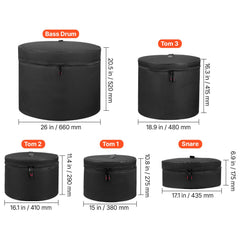 5-Piece Drum Case Set, 600D, Padded Drum Bags for Bass, Tom, and Snare, Thick Padding, Lightweight Protective Covers, Travel Storage Cases with Portable Handle, for Drums Accessories Protection