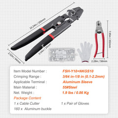 Crimping Tool, Up To 2.2mm Wire Rope Crimping Tool, Crimping Loop Sleeve Kit with a Cable Cutter and 160pcs Aluminum Buckles, Teflon Coating Anti-Rust Fishing Crimping Tool