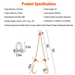 V-Chain Bridle, 4364 kg Working Load Limit, 8 x 914.4 mm G80 Tow Chain with RTJ Cluster Hooks, DOT Certified, Galvanized Coating Manganese Steel & D-Shackle, for Lifting & Moving Activities
