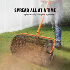 Compost Spreader, 24.4-25.6" Height Adjustable Handle, 24" Wide, Lawn and Garden Peat Moss Roller with Side Latches, Powder Coated Steel Mesh Basket for Spreading Manure, Topsoil, Black