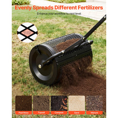 Compost Spreader, 42 cm Wide Peat Moss Spreader with T Shaped Handle, 3 Heights Adjustable, Powder-Coated Steel Garden Peat Moss Roller, Heavy Duty Grass Seed Roller for Planting Seeding, Black