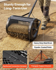 Compost Spreader, 42 cm Wide Peat Moss Spreader with T Shaped Handle, 3 Heights Adjustable, Powder-Coated Steel Garden Peat Moss Roller, Heavy Duty Grass Seed Roller for Planting Seeding, Black