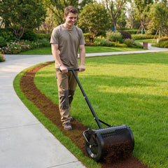 Compost Spreader, 42 cm Wide Peat Moss Spreader with T Shaped Handle, 3 Heights Adjustable, Powder-Coated Steel Garden Peat Moss Roller, Heavy Duty Grass Seed Roller for Planting Seeding, Black