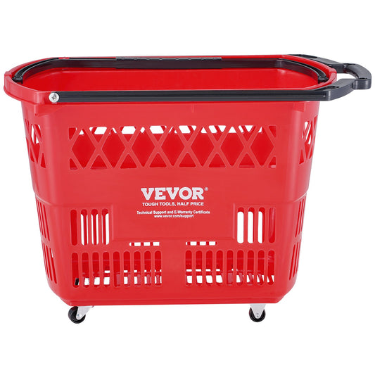 Shopping Baskets, 6PCS, 39L Shopping Carts with Handles, Plastic Rolling Shopping Basket with Wheels, Large Portable Shopping Basket Set for Supermarkets, Retail Stores, Grocery Shopping, Red
