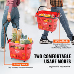 Shopping Baskets, 6PCS, 39L Shopping Carts with Handles, Plastic Rolling Shopping Basket with Wheels, Large Portable Shopping Basket Set for Supermarkets, Retail Stores, Grocery Shopping, Red