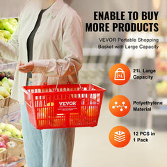 Shopping Basket, Set of 12, 21L Durable Plastic Grocery Basket with Metal Handle and Stand, 425 x 305 x 218 mm Portable Shop Basket Bulk Used for Retail Store Supermarket Grocery Shopping, Red