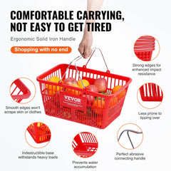Shopping Basket, Set of 12, 21L Durable Plastic Grocery Basket with Metal Handle and Stand, 425 x 305 x 218 mm Portable Shop Basket Bulk Used for Retail Store Supermarket Grocery Shopping, Red