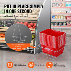 Shopping Basket, Set of 12, 21L Durable Plastic Grocery Basket with Metal Handle and Stand, 425 x 305 x 218 mm Portable Shop Basket Bulk Used for Retail Store Supermarket Grocery Shopping, Red
